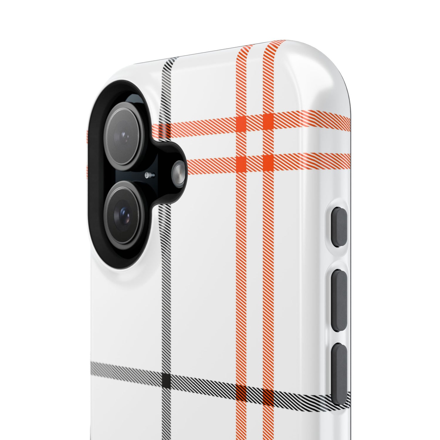 A phone case with a fall tartan plaid pattern in white and orange stripes, featuring a camera module in the center.