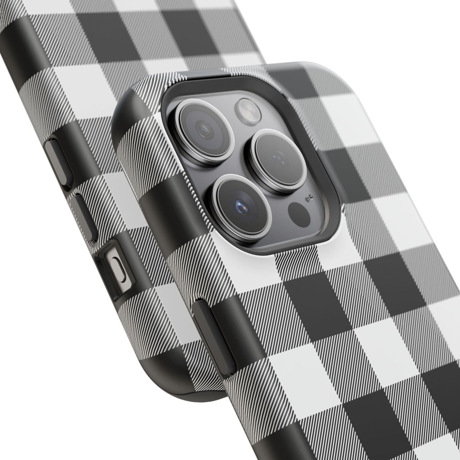 Black and white matte buffalo plaid phone case on white background