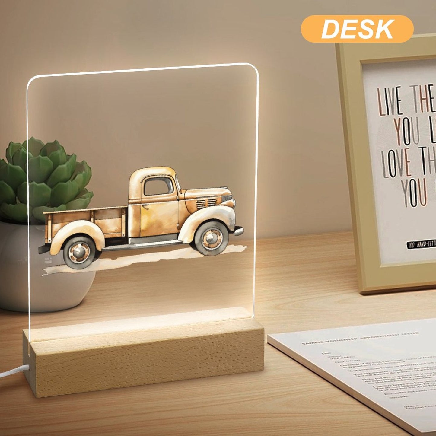 Watercolor Vintage Transportation Truck Acrylic Night Light with Wooden Base