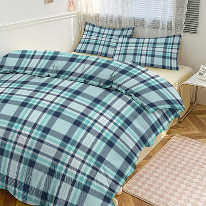 Teal Plaid 3-Piece Bedding Set-90"x90" Full, Queen Plaid Reversible Duvet Cover Set