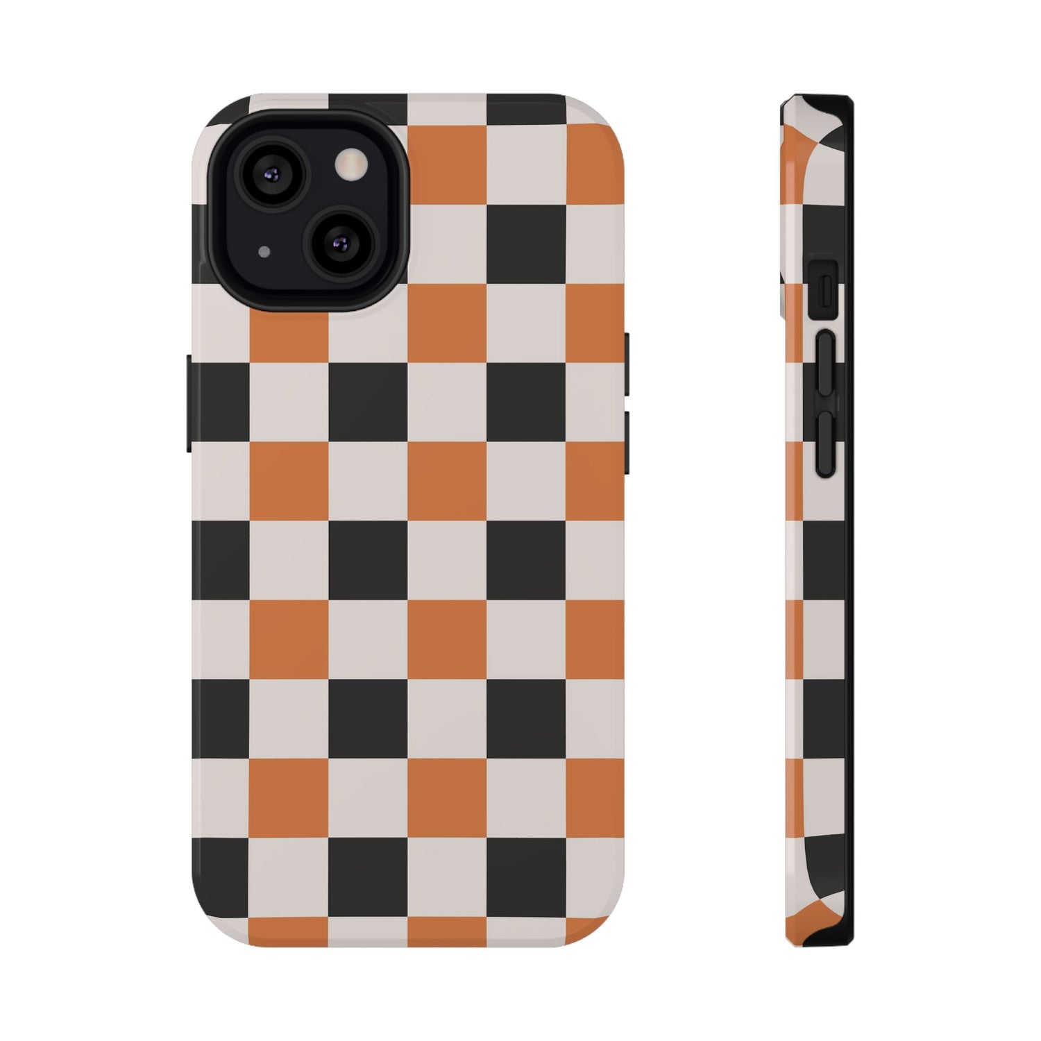 Phone case with a checkered pattern in black, orange, and white on a white background