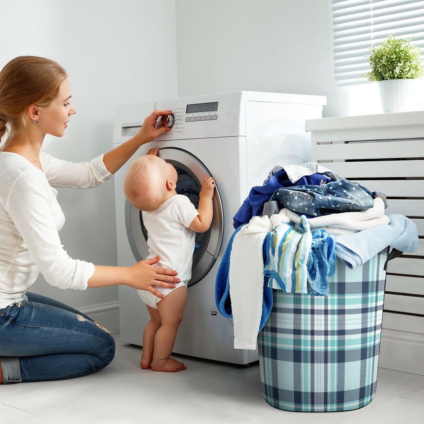 Collapsible Laundry Hamper-All The Blues Plaid