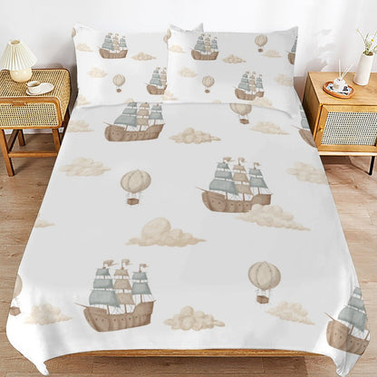 Boy Pirate Ship Clouds 3-Piece Bedding Set-90"x90" Full/Queen Reversible Duvet Cover Set