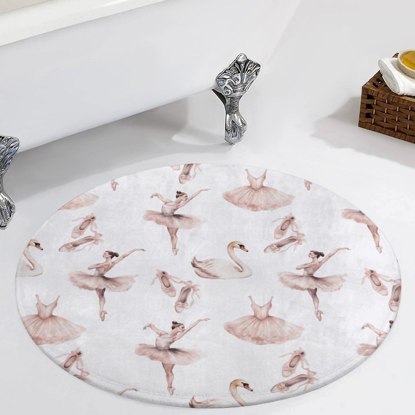 Round Plush Bath Mat- Watercolor Pink Ballerinas