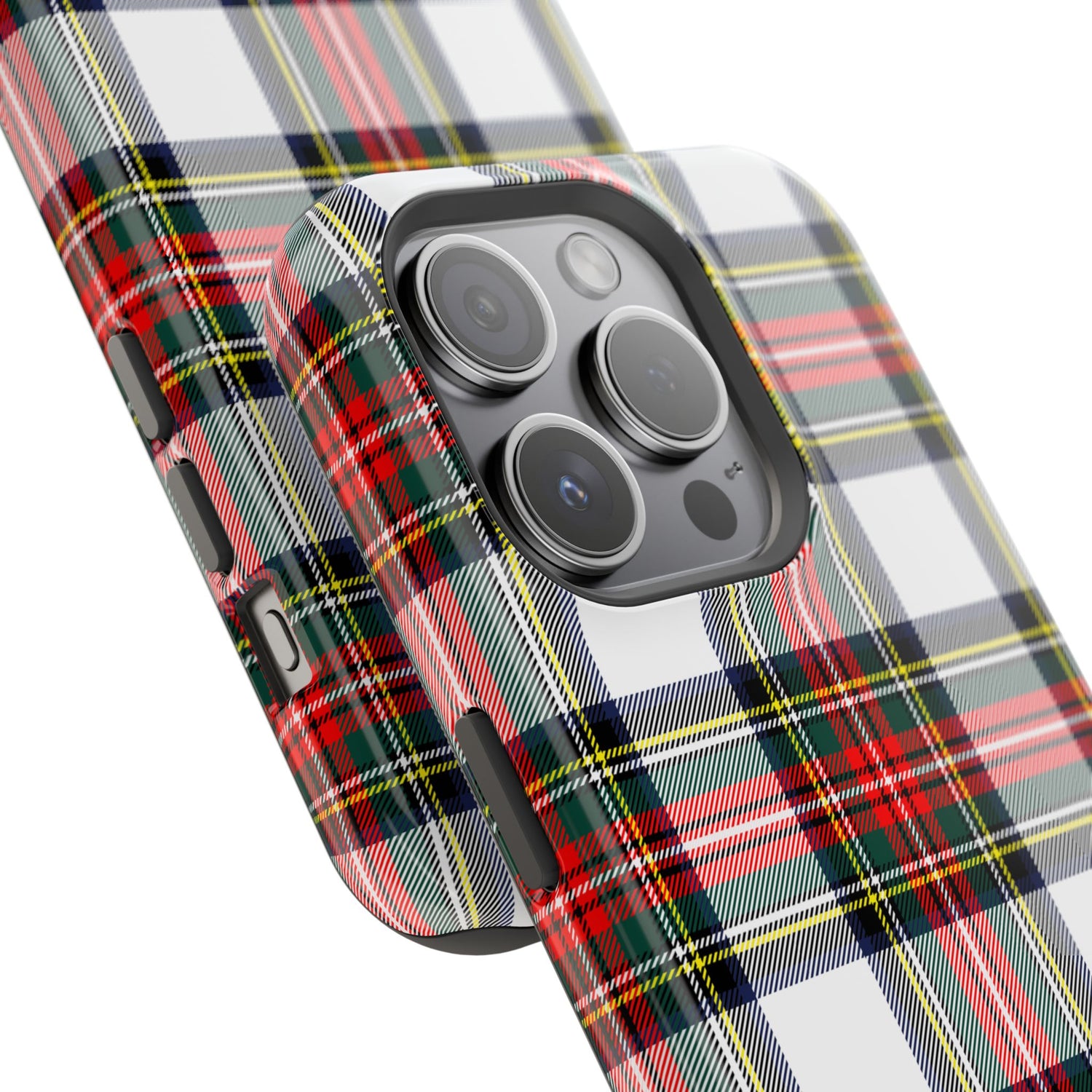 A phone case with a Christmas-themed tartan plaid pattern, featuring a camera module and buttons on the back, in a glossy finish.