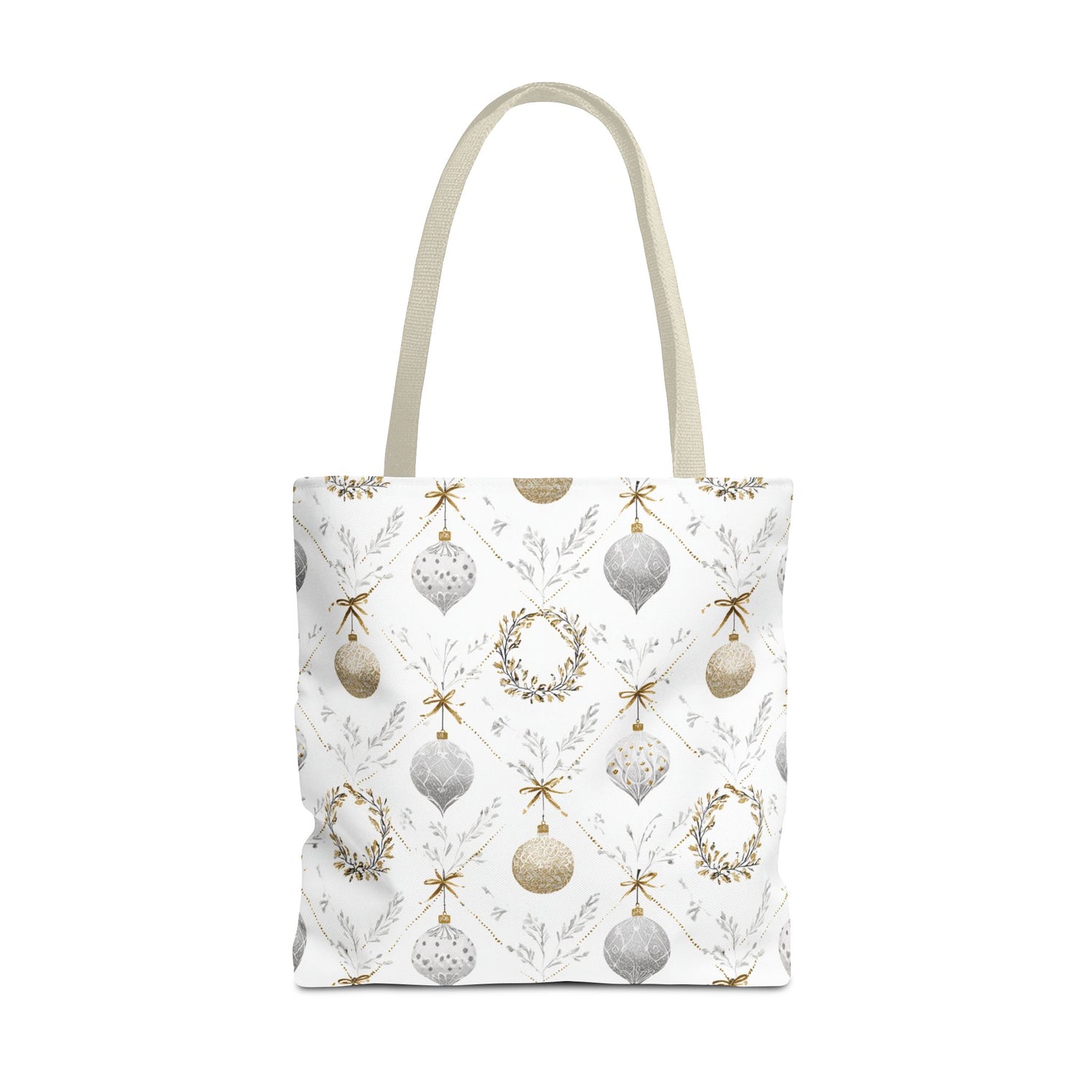 Tote bag with Christmas ornament pattern on a white background