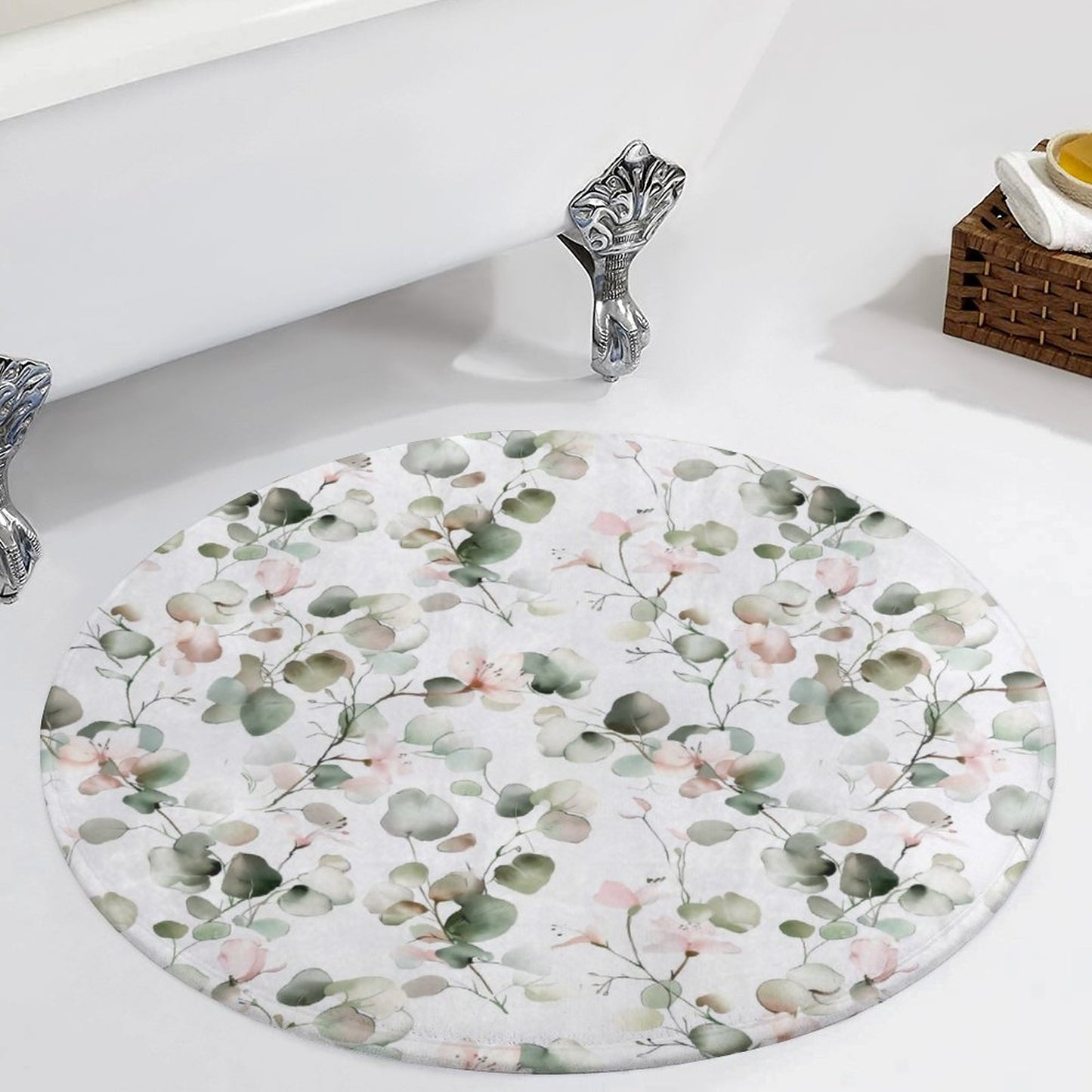 Round Plush Bath Mat- Elegant Eucalyptus Floral