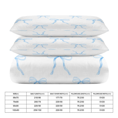 Watercolor Coquette Blue Bows 3-Piece Bedding Set-86"×70" Twin Reversible Duvet Cover Set