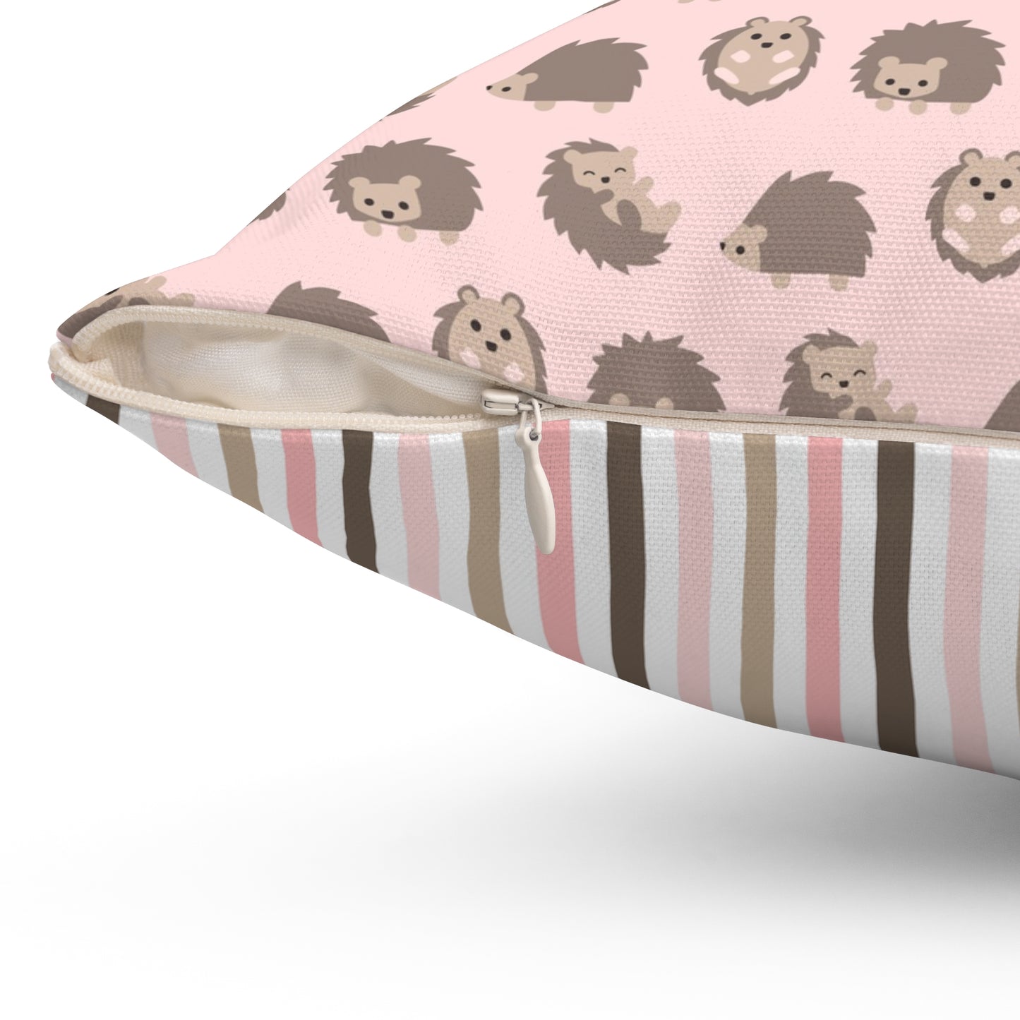 Spun Polyester Square Pillow with Removable Cover Hedgehog Playdate Pink Stripes