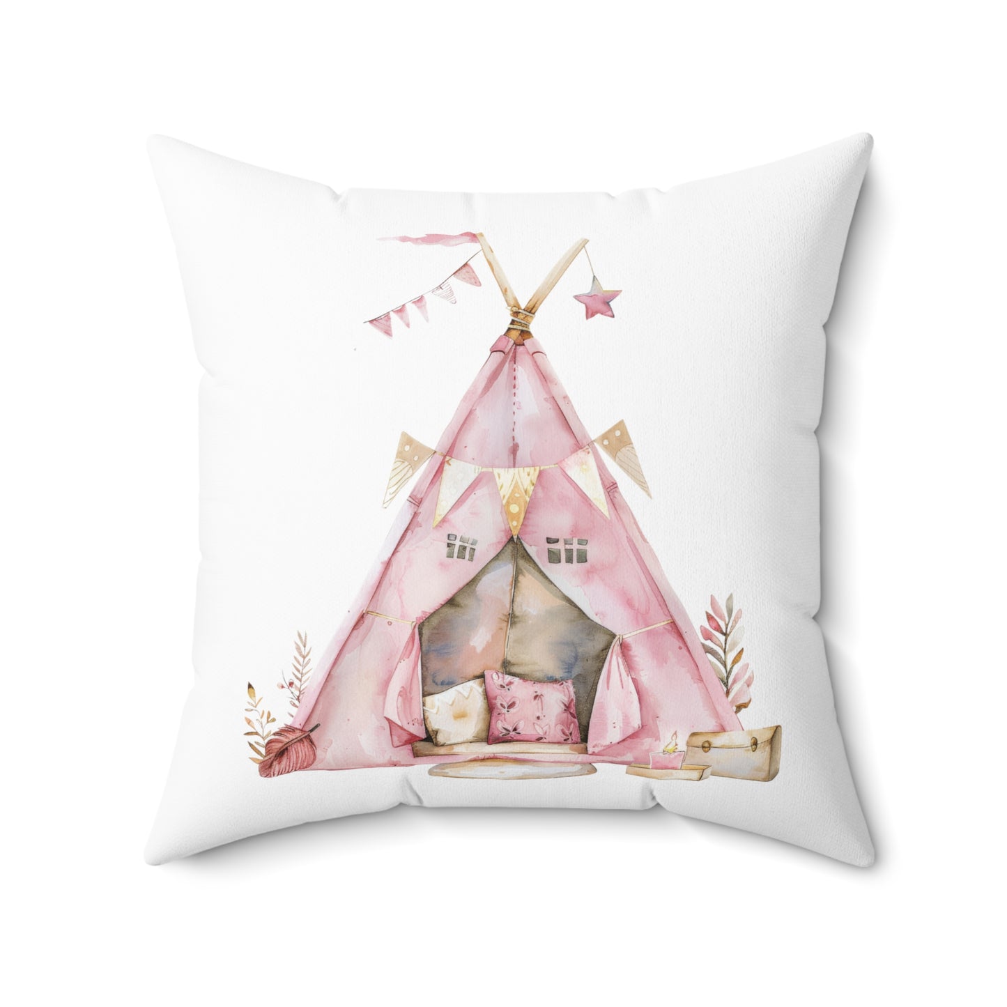 Spun Polyester Square Pillow with Removable Cover Watercolor Pajama Party Pillow Fight Tent Fort