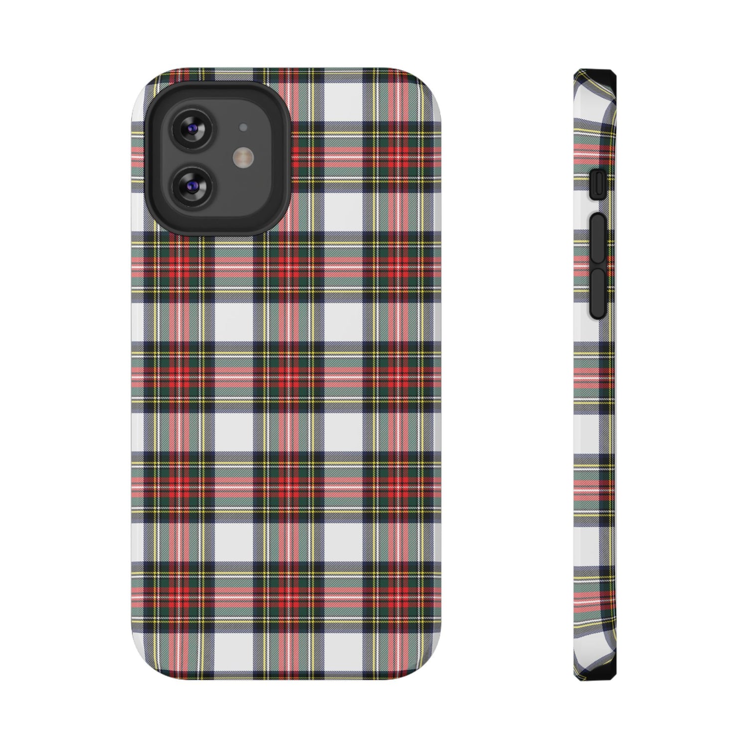 A phone case with a Christmas tartan plaid design, shown from the front and back, indicating dual-layer protection and wireless charging capability.