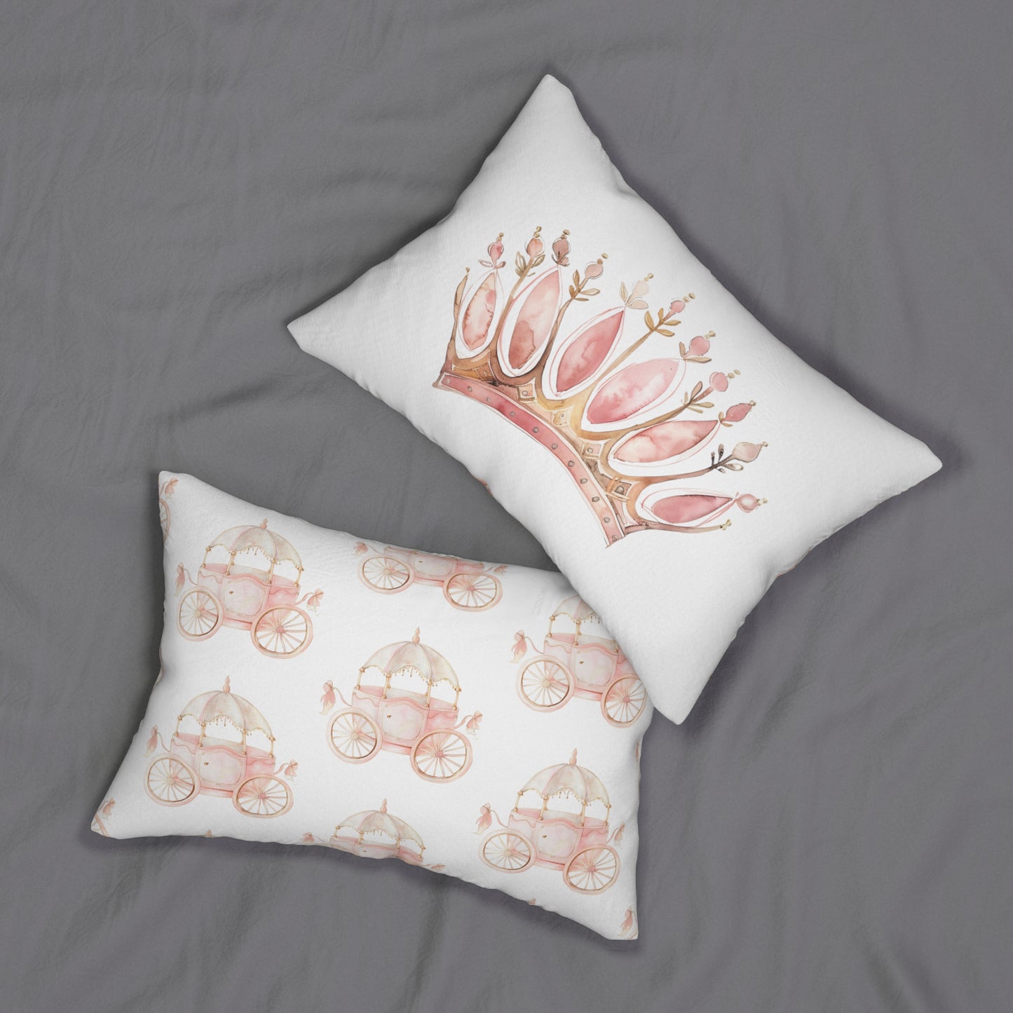 Spun Polyester Lumbar Pillow with Removable Cover Watercolor Pink Princess Crown Carriages