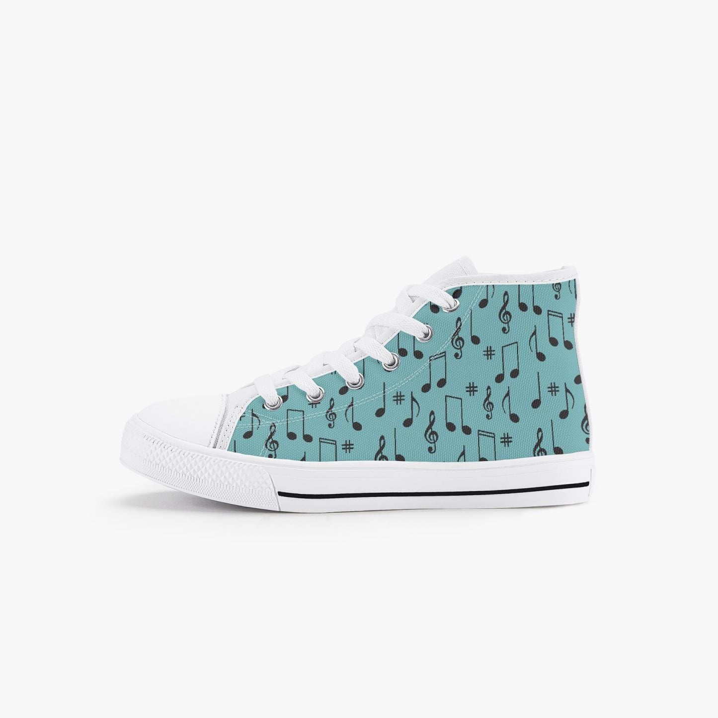 unisex 50s Diner Music Notes Teal Kid’s High-Top Canvas Shoes