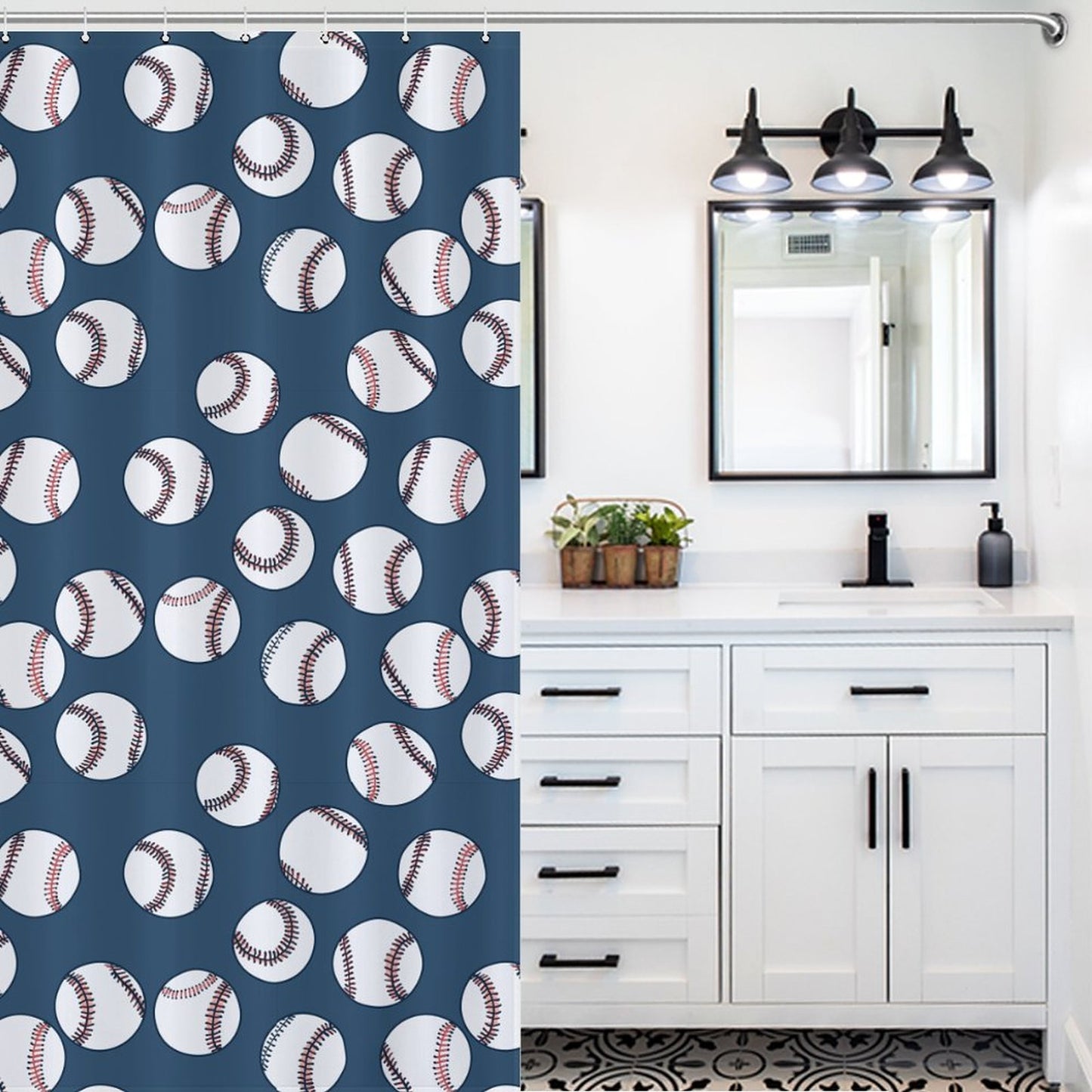 Lightweight Shower Curtain- Baseball Blues