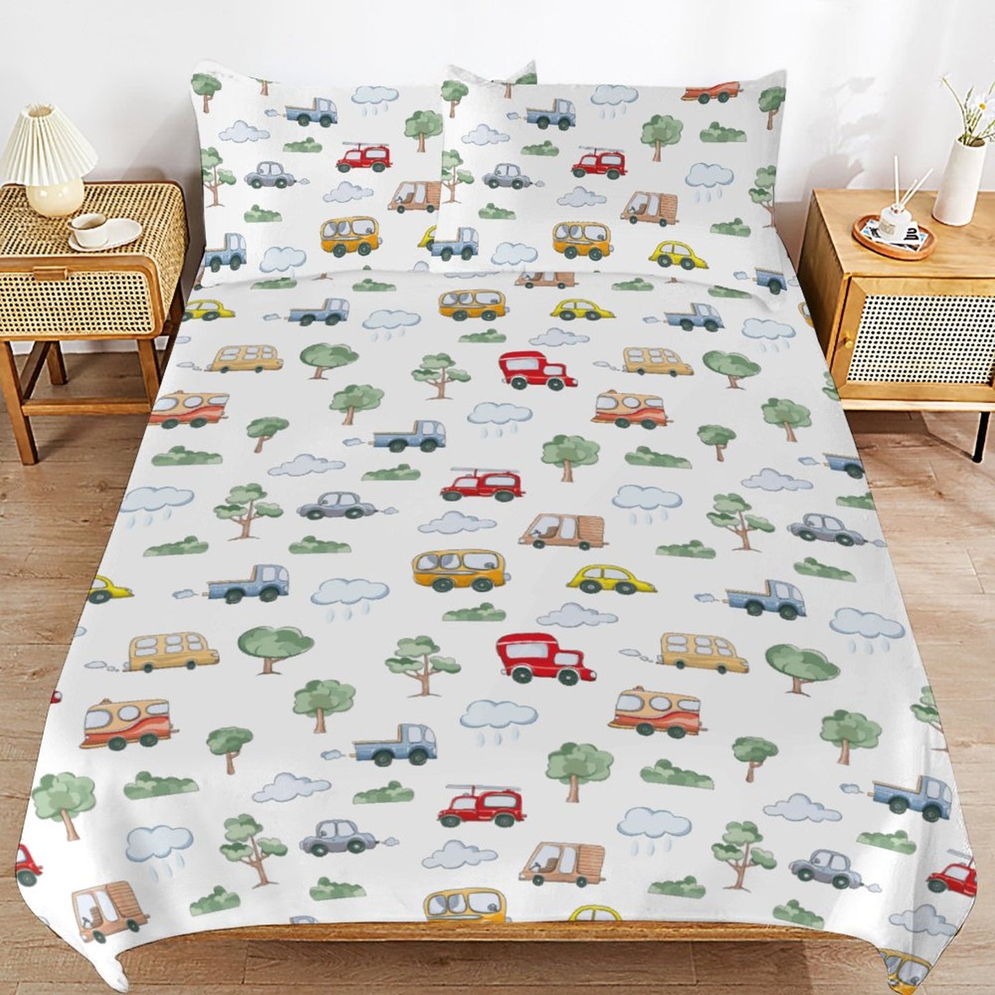 Cute Cars 3-Piece Bedding Set-86"×70" Twin Reversible Transportation Theme Duvet Cover Set