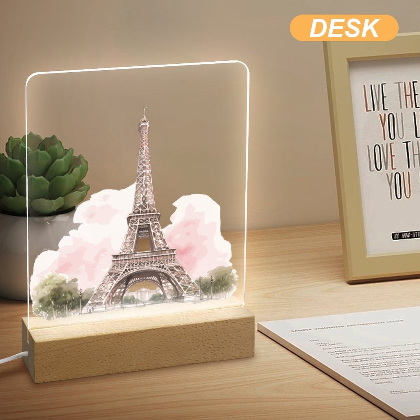 Watercolor Paris Acrylic Night Light with Wooden Base