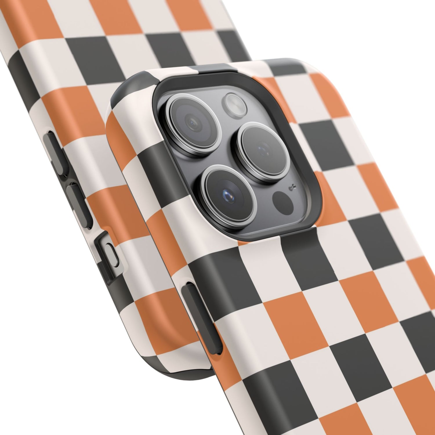 Phone case with checkered pattern on a white background