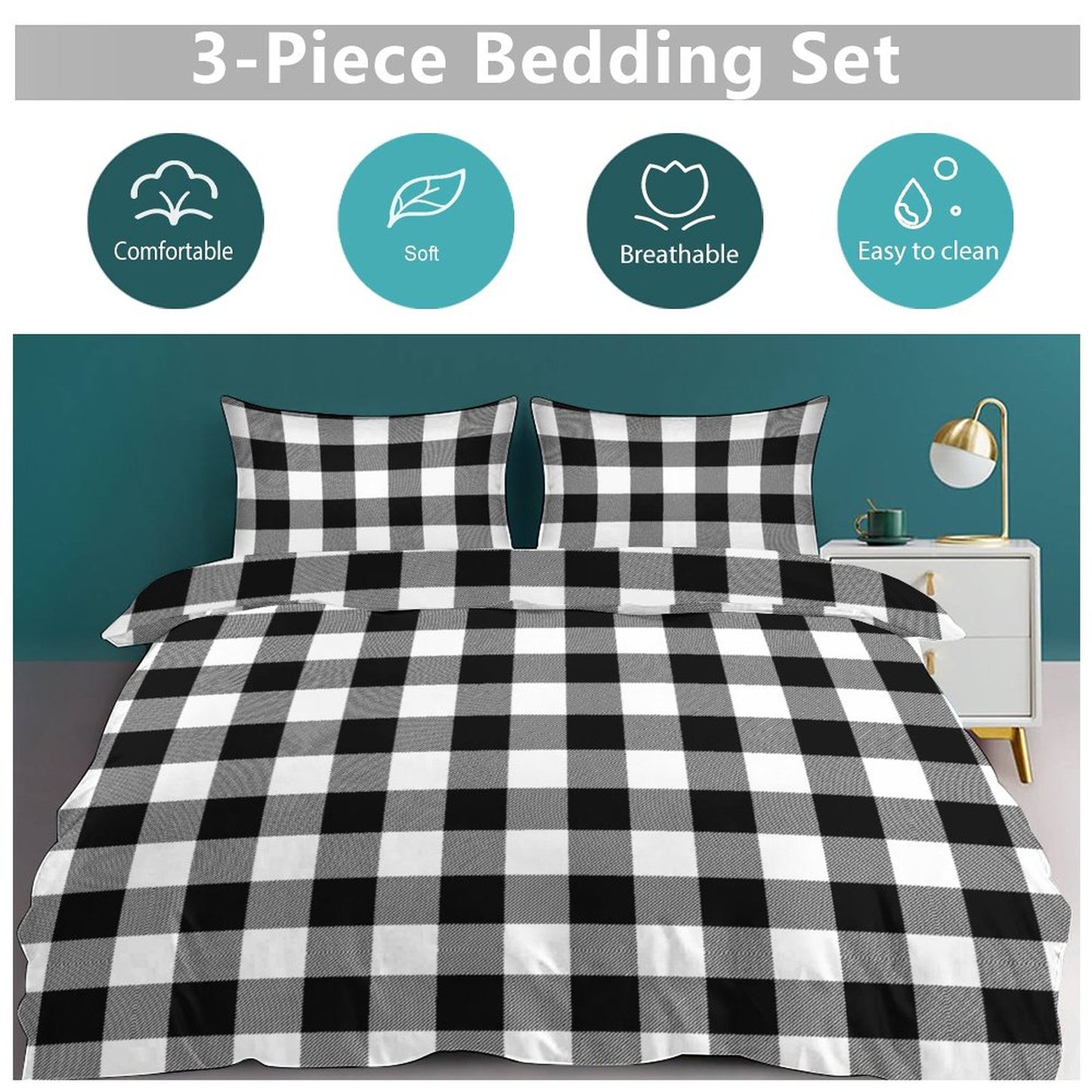 Black White Buffalo Plaid 3-Piece Bedding Set-90"x90" Full, Queen Holiday Plaid Duvet Cover Set