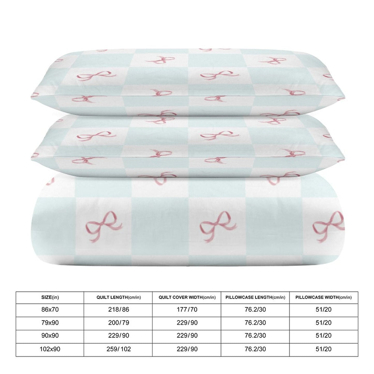 Blue Check Coquette Bows 3-Piece Bedding Set-86"×70" Twin, Reversible Coquette Duvet Cover Set