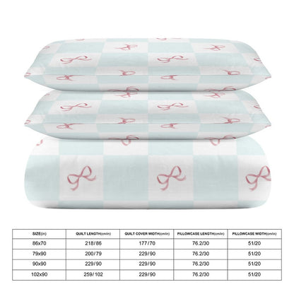 Blue Check Coquette Bows 3-Piece Bedding Set-86"×70" Twin, Reversible Coquette Duvet Cover Set