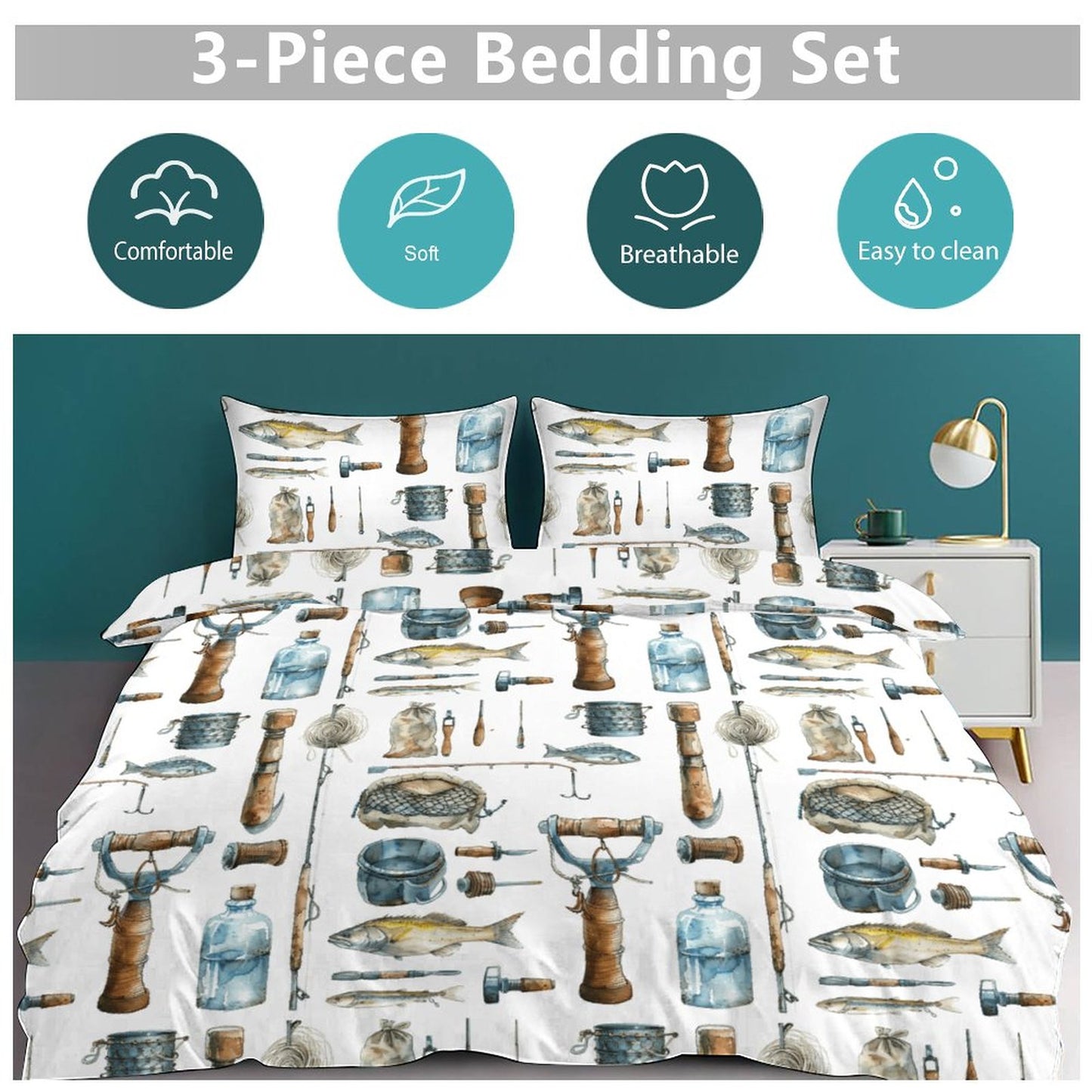 Watercolor Fishing Tools  3-Piece Bedding Set-90"x90" Full, Queen Reversible Fishing Duvet Cover, Fishing Camp, Lake House Bedding Set