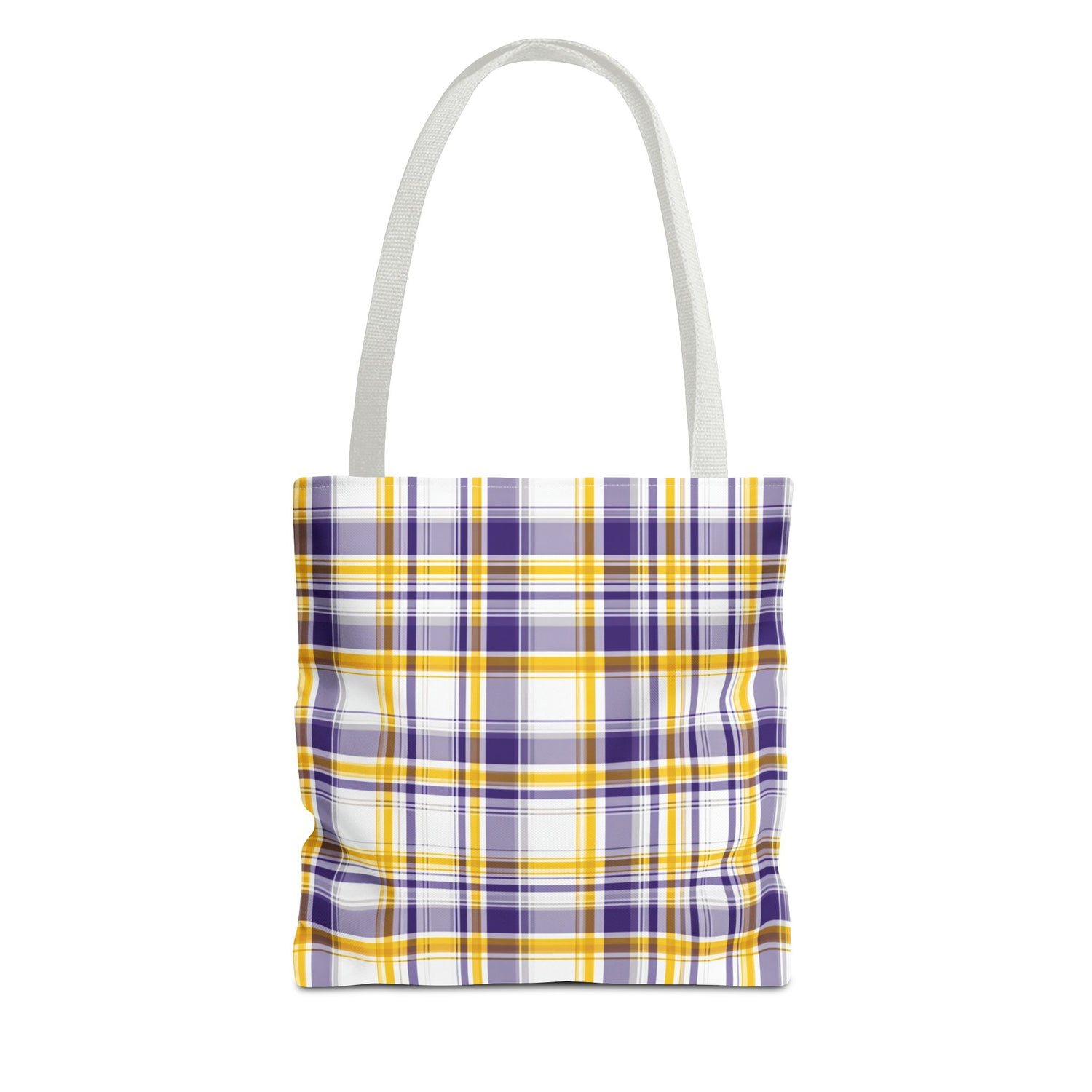 Tote bag with purple, yellow, and white plaid pattern on a white background