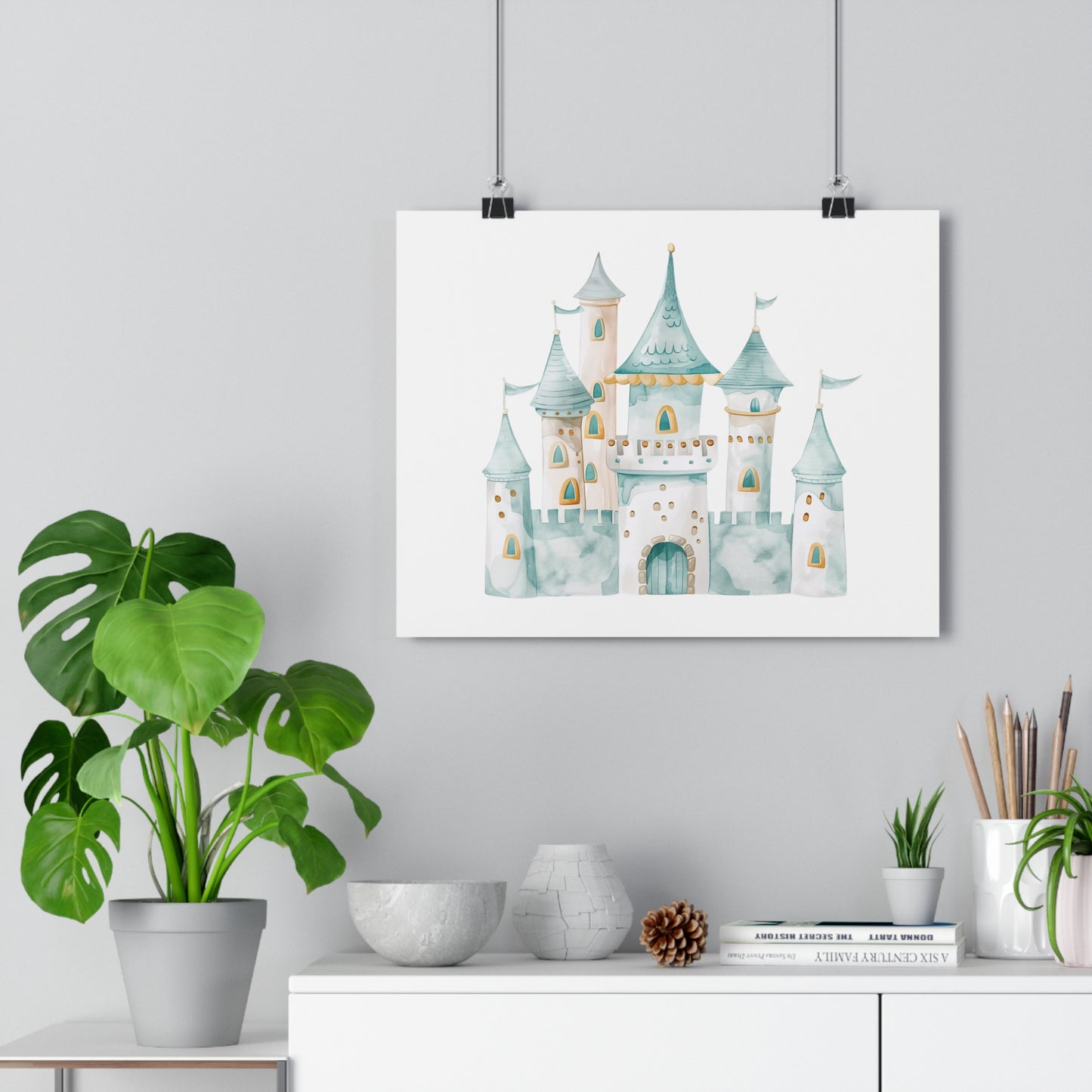 Giclée Art Print Watercolor Teal Princess Castle 1