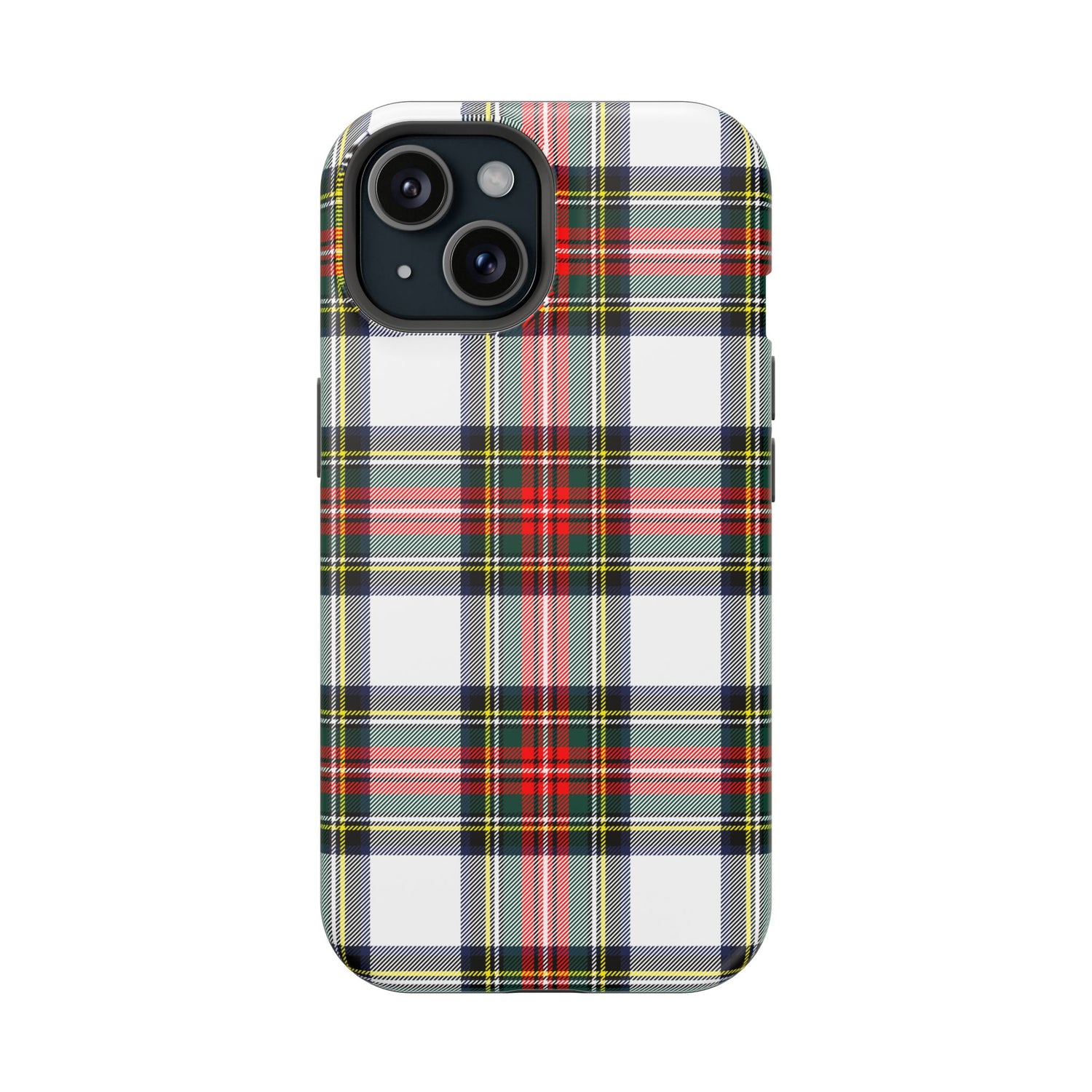 A phone case with a Christmas-themed tartan plaid design, featuring a black inner layer and a glossy or matte finish.