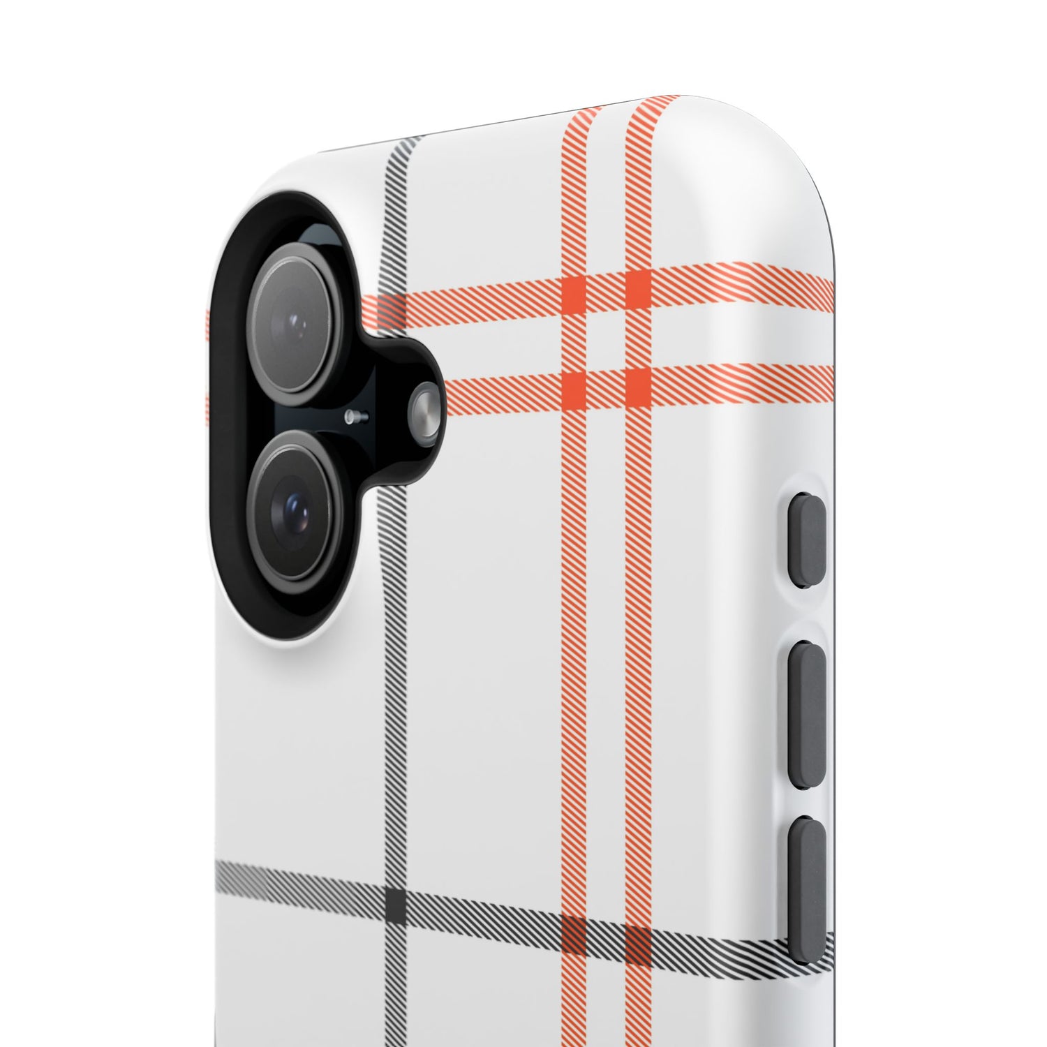 A phone case with a fall tartan plaid pattern in white and orange stripes, featuring a camera module in the center.