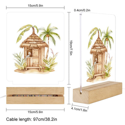 Watercolor Aloha Tiki Hut Night Light with Wooden Base