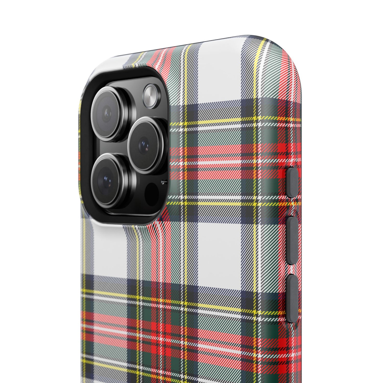 A phone case with a Christmas-themed tartan plaid pattern, featuring a camera module with multiple lenses on the back.