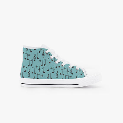 unisex 50s Diner Music Notes Teal Kid’s High-Top Canvas Shoes