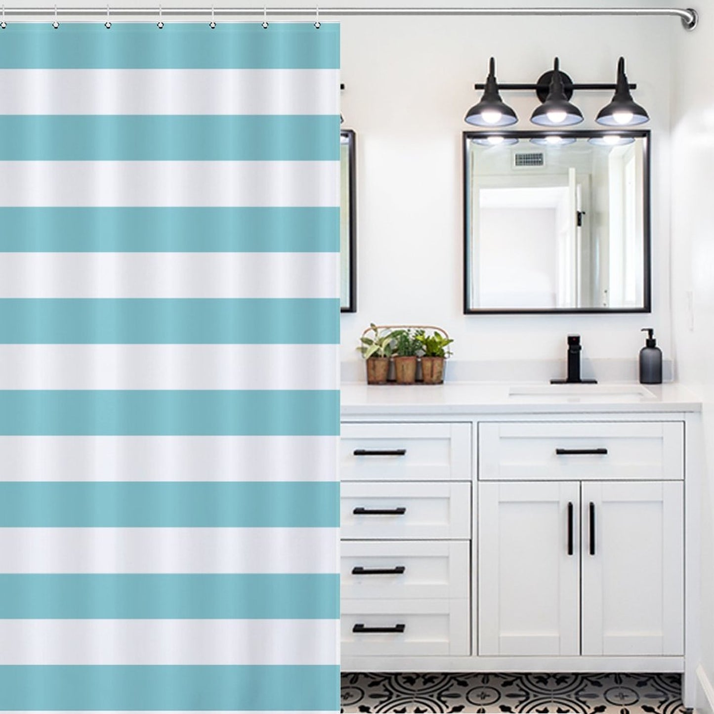 Lightweight Shower Curtain- Aqua Nautical Stripes