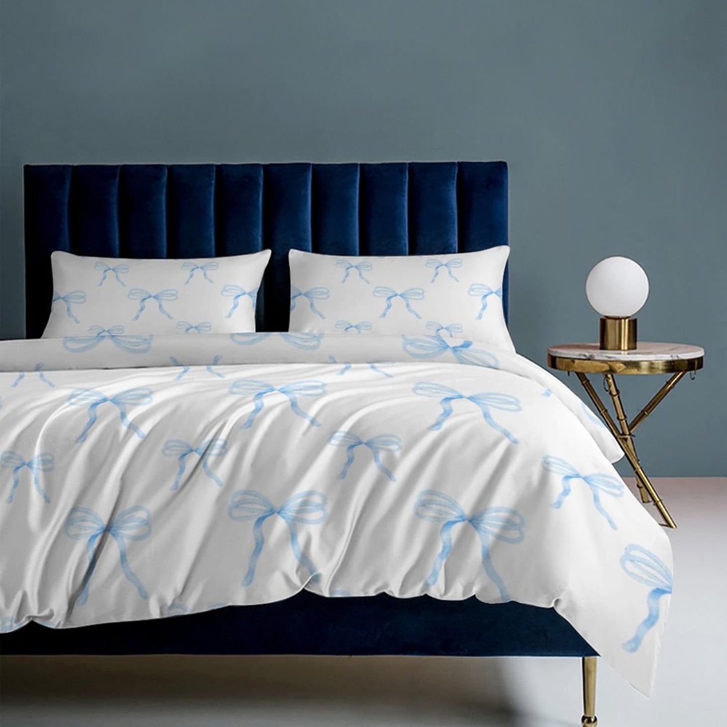 Watercolor Coquette Blue Bows 3-Piece Bedding Set-86"×70" Twin Reversible Duvet Cover Set