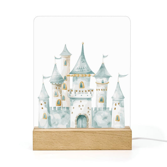 Watercolor Teal Princess Castle Acrylic Night Light with Wooden Base