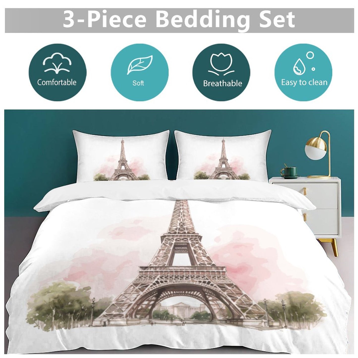 Watercolor Paris Eiffel Tower Bedding Set-90"x90" Full, Queen Duvet Cover