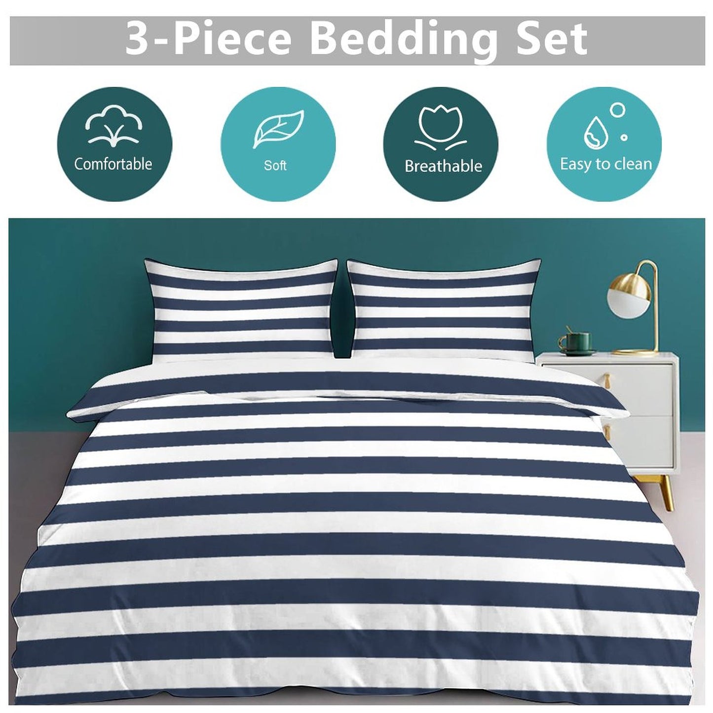 Nautical Navy Stripe 3-Piece Bedding Set-90"x90" Full, Queen Boys Nautical Striped Duvet Cover Set