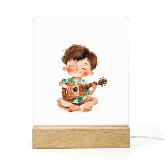 Watercolor Aloha Ukulele Boy Night Light with Wooden Base