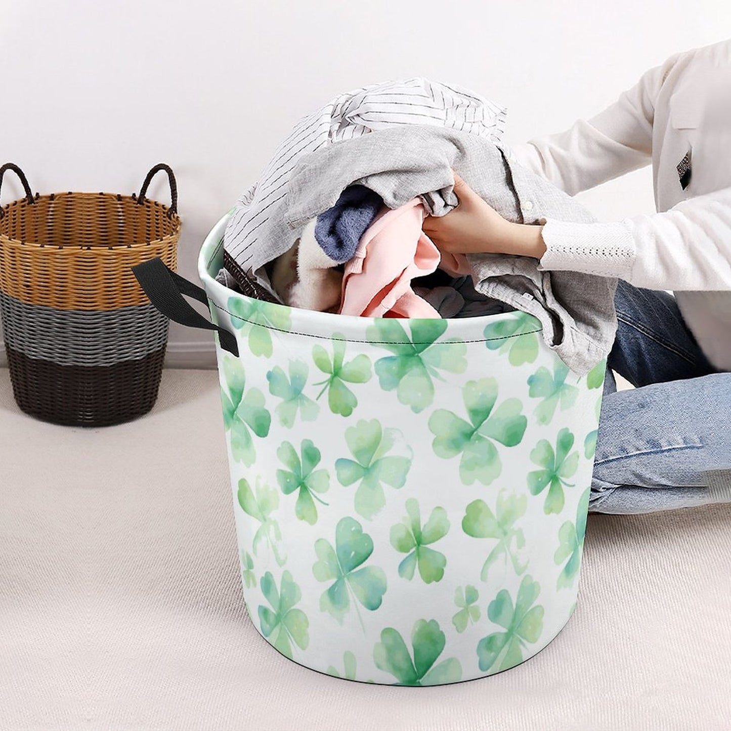 Collapsible Laundry Hamper- Watercolor Clovers