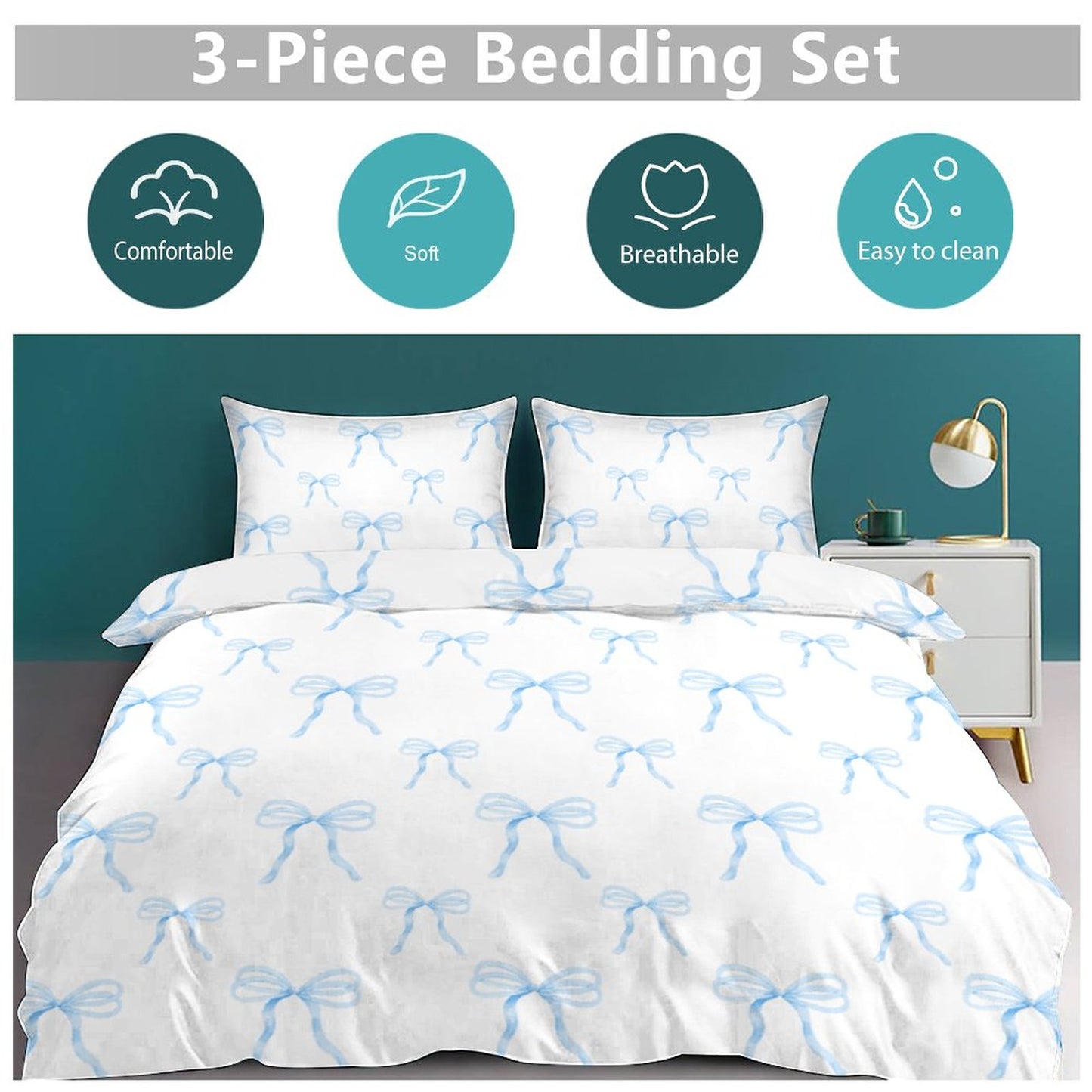 Watercolor Coquette Blue Bows 3-Piece Duvet Bedding Set-90"x90" Full/Queen Reversible Duvet Cover Set