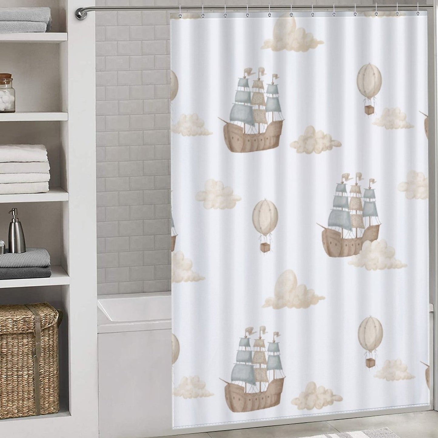 Lightweight Shower Curtain- Watercolor Pirate Ships