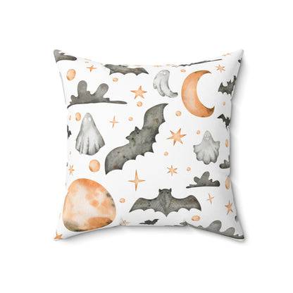 Spun Polyester Square Pillow with Removable Cover Watercolor Halloween Ghosts and Bats