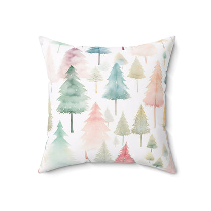 Spun Polyester Square Pillow with Removable Cover Watercolor Pastel Christmas Trees