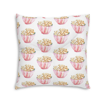 Tufted Floor Pillow, Square Pink Pajama Party Pillow Fight and Popcorn