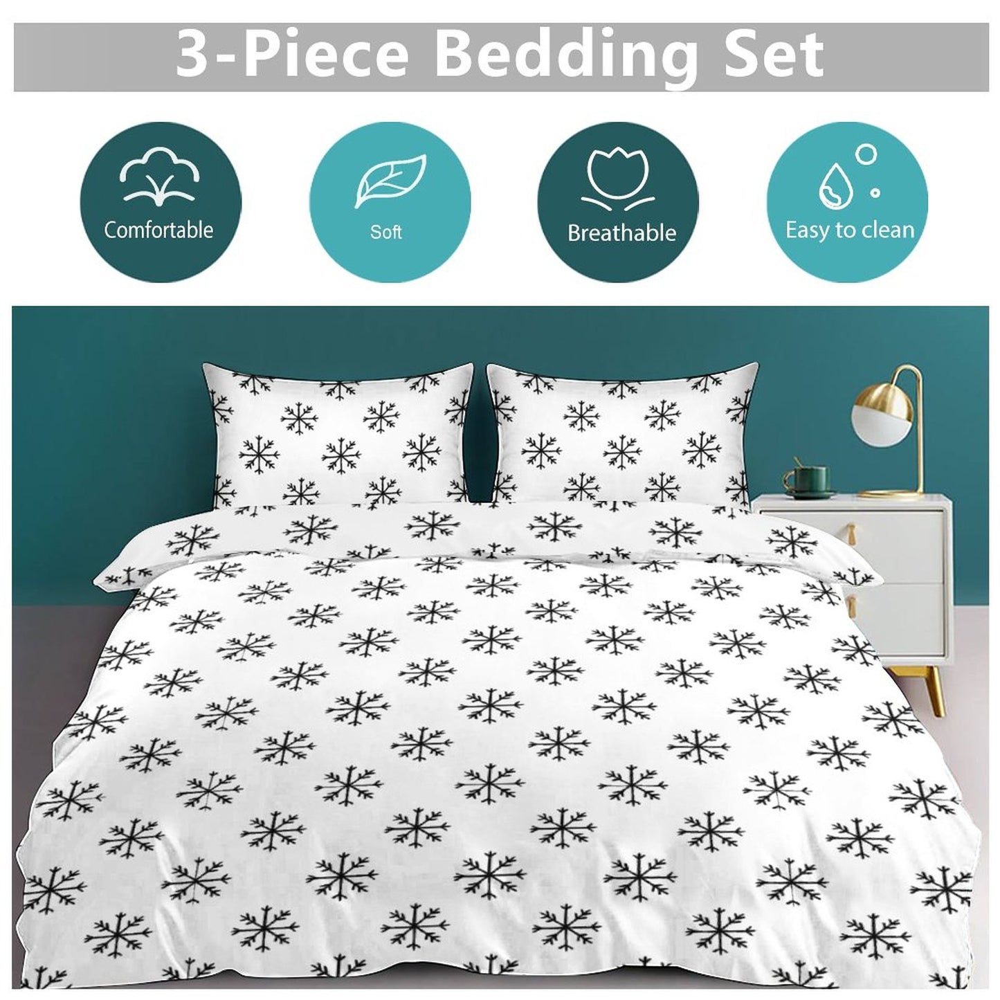 Minimalist Snowflakes 3-Piece Bedding Set-86"×70" Twin, Reversible Seasonal Duvet Cover Set