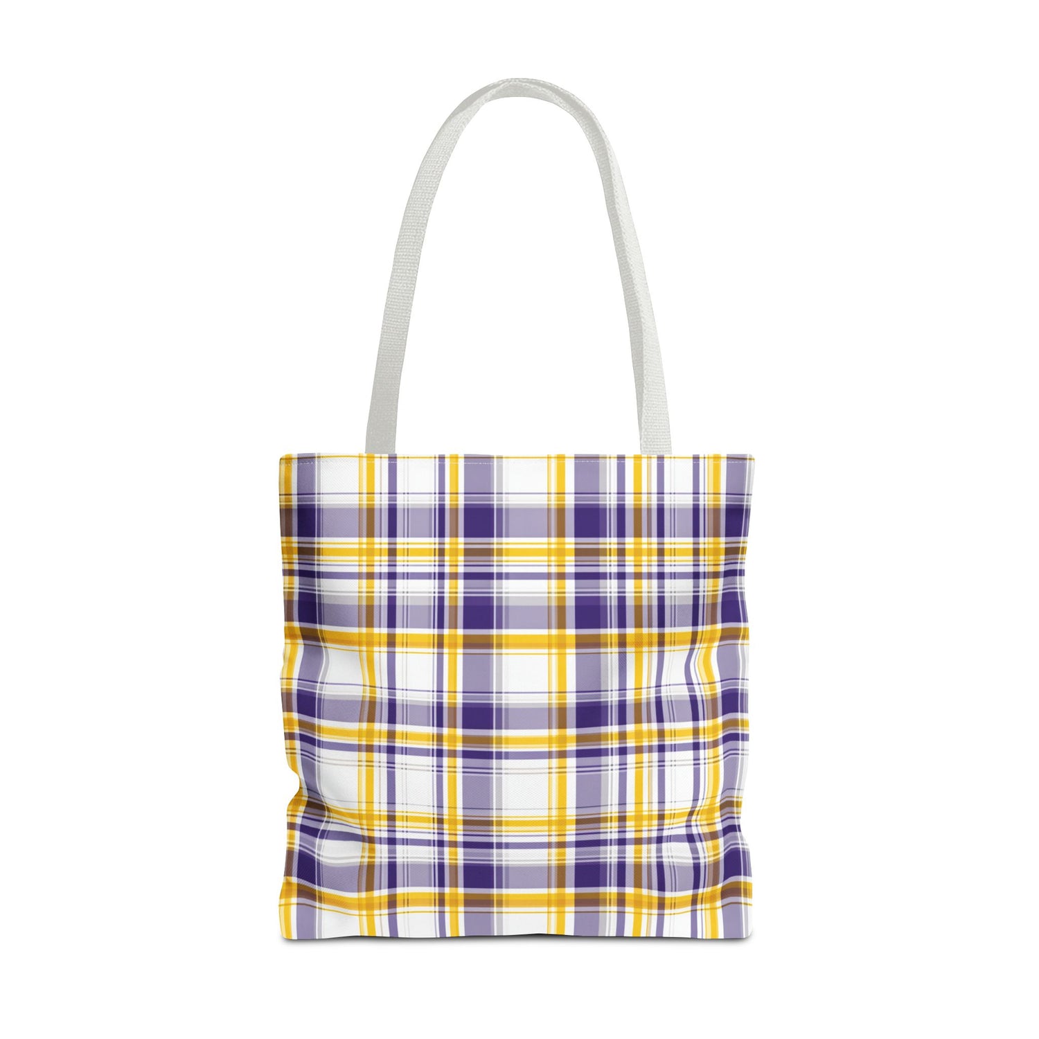 Plaid tote bag with purple, yellow, and white pattern on a white background