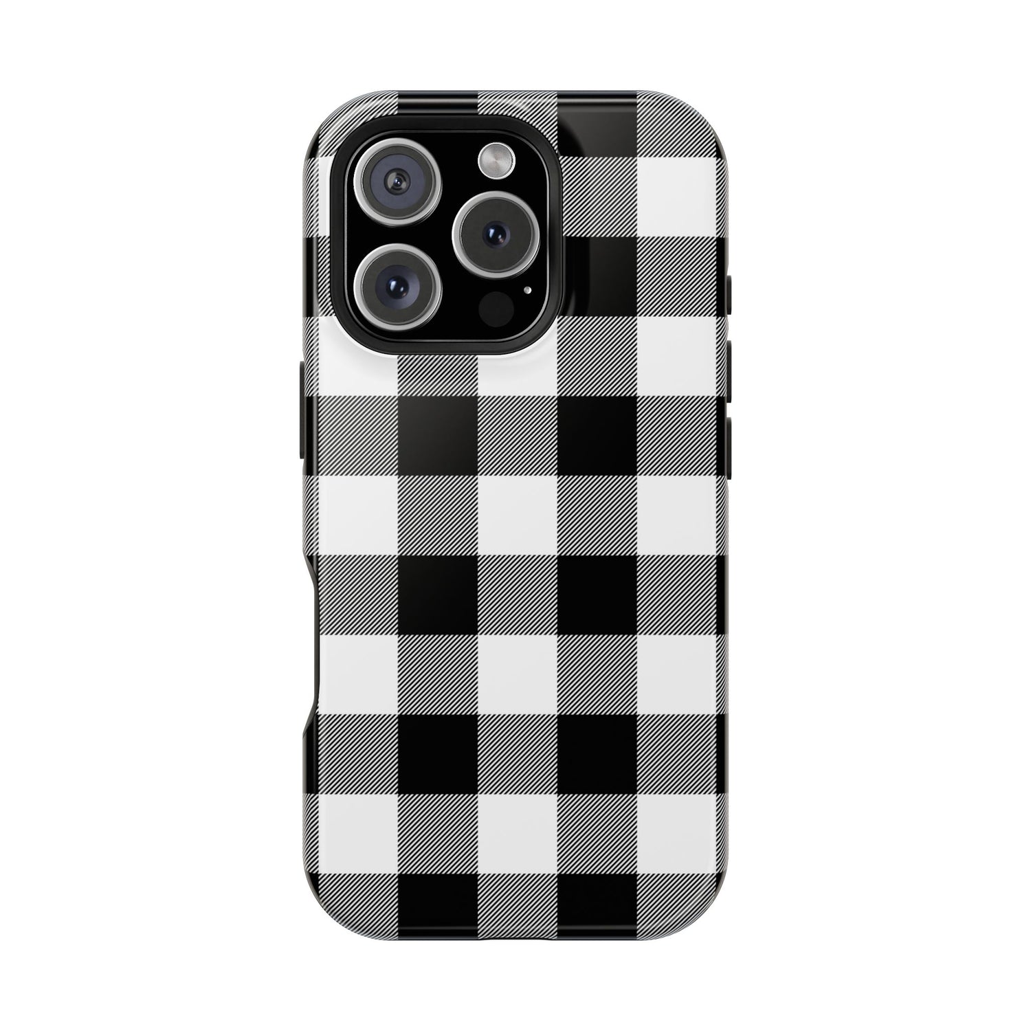 A black and white checkered phone case with a camera module on the back.