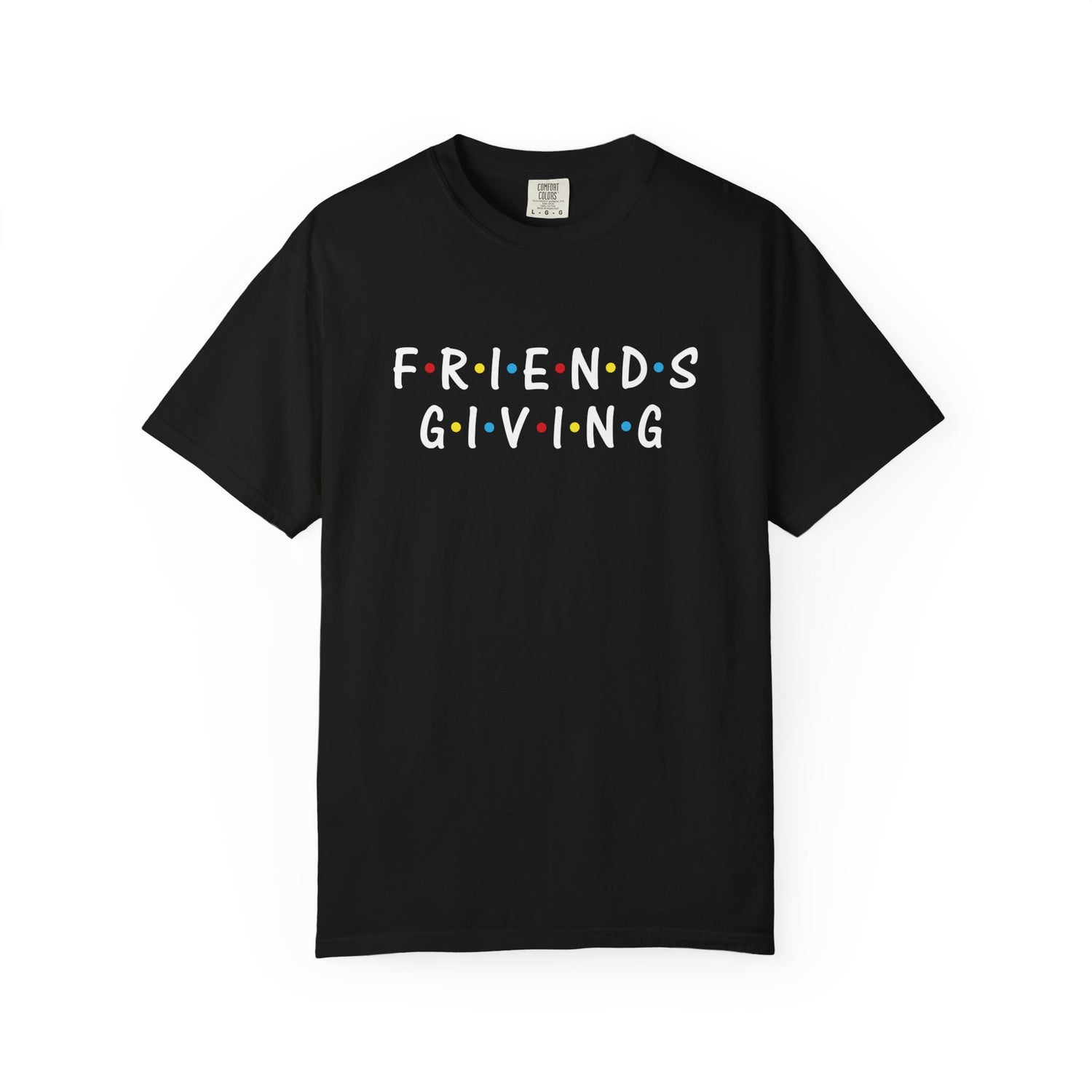 Black t-shirt with 'FRIENDS GIVING' text on a white background