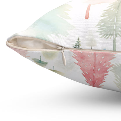 Spun Polyester Square Pillow with Removable Cover Watercolor Pastel Christmas Trees