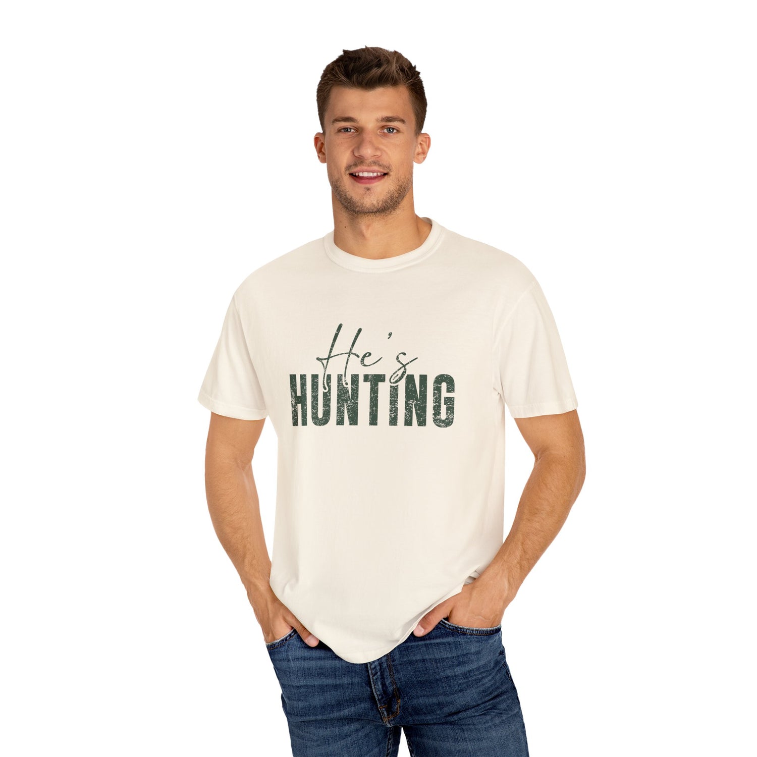 Man wearing a white t-shirt with 'He's Hunting' text on a white background